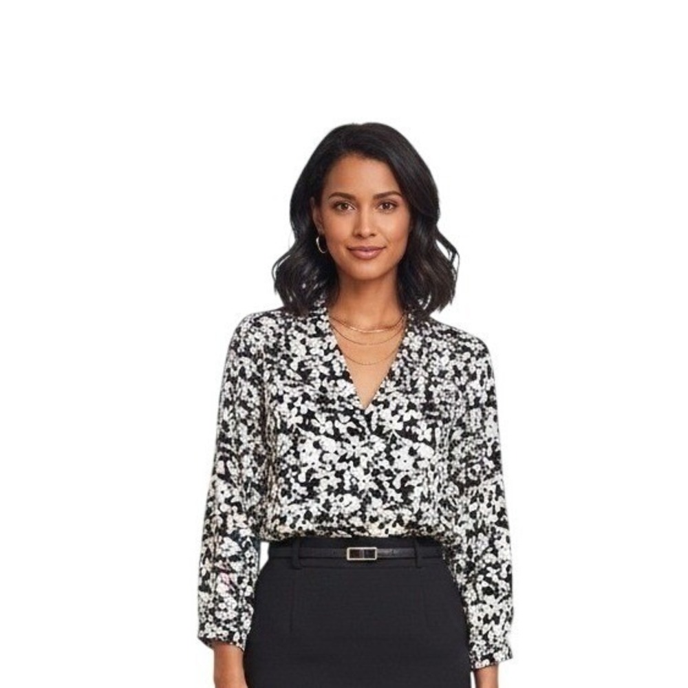 Laundry by Shelli Segal Black White womens Floral Print V Neck Blouse M